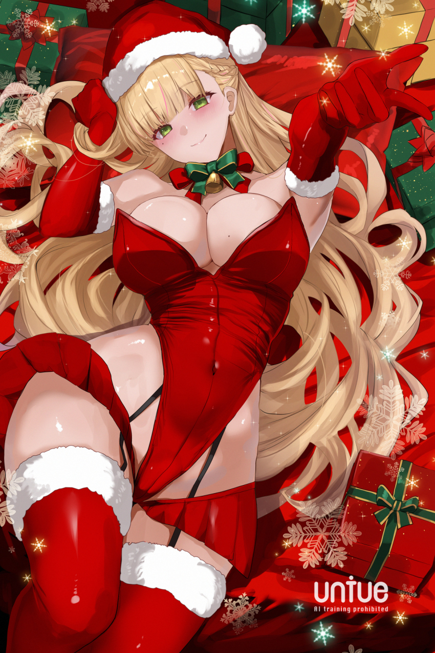 1girl armpits arms_up blonde_hair blunt_bangs blush closed_mouth covered_navel curvy elbow_gloves fur-trimmed_headwear fur-trimmed_thighhighs fur_trim gift gloves green_eyes hat highleg highleg_leotard highres leotard long_hair looking_at_viewer lying mole mole_under_eye on_back original pillow red_gloves red_hat red_leotard red_thighhighs santa_costume santa_hat smile thighhighs thighs untue