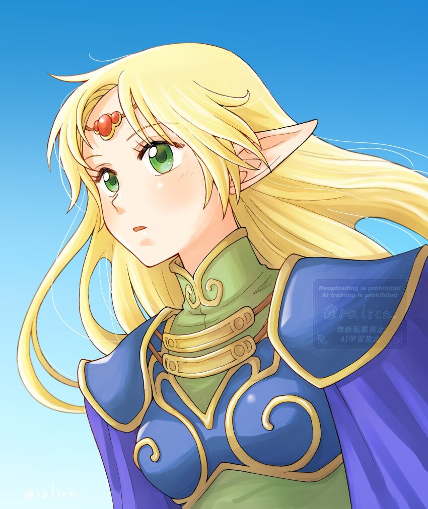 1girl armor blonde_hair blue_background breastplate circlet deedlit elf gradient_background green_eyes highres looking_to_the_side muneate parted_lips pointy_ears ralico record_of_lodoss_war shoulder_pads solo upper_body