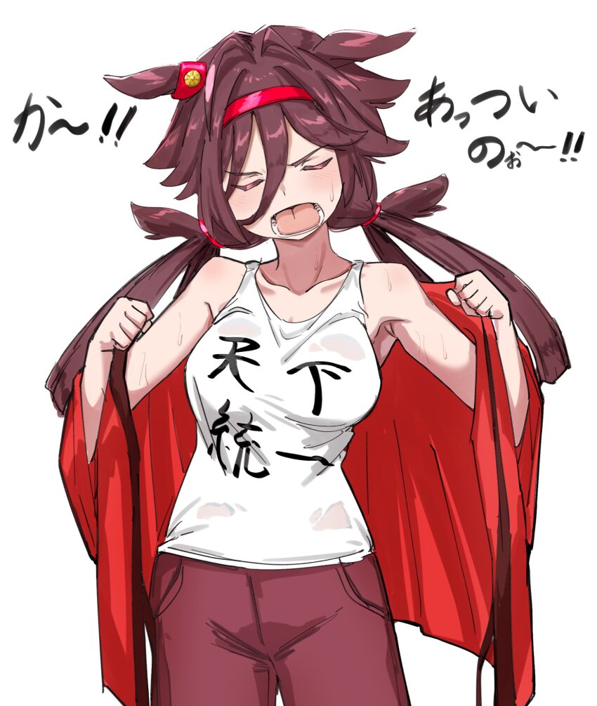 1girl animal_ears brown_hair casual clenched_hands closed_eyes collarbone hairband highres horse_ears jacket long_hair low_twintails minorun9 no_reason_(umamusume) open_mouth pants shirt simple_background solo sweat translation_request twintails umamusume white_background