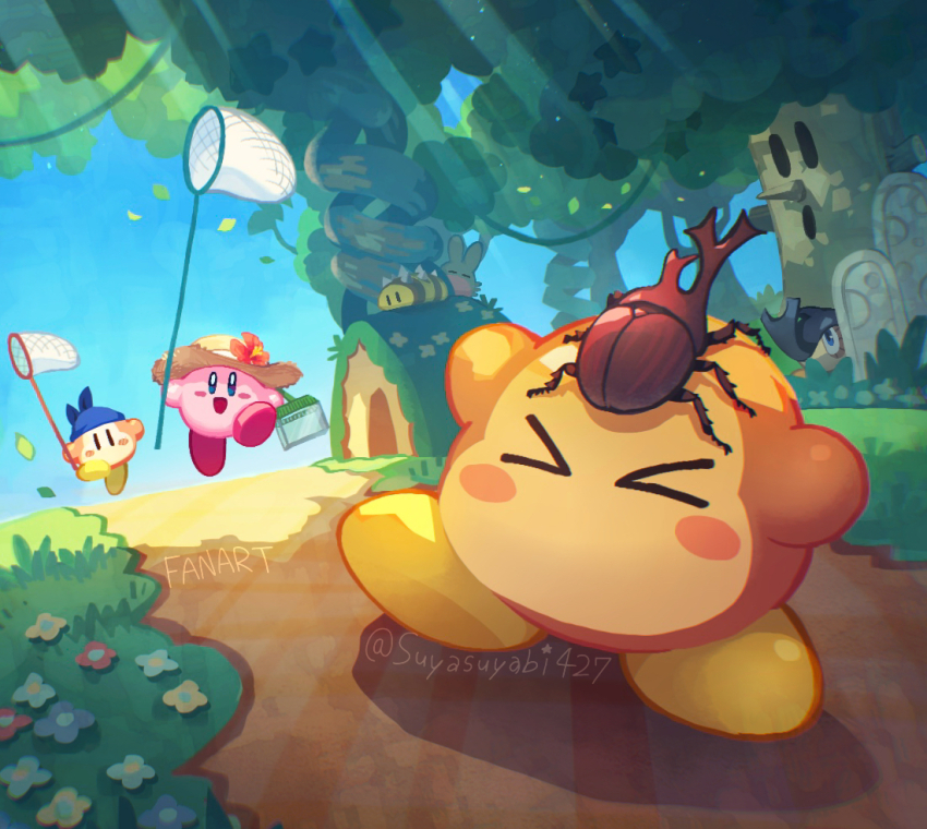 &gt;_&lt; :d bandana bandana_waddle_dee blue_bandana blue_eyes blush_stickers butterfly_net commentary_request flower forest grass hand_net hat hat_flower holding holding_butterfly_net insect_on_head kirby kirby_(series) leaf nature nintendo no_humans open_mouth outdoors path rhinoceros_beetle road running smile straw_hat sunlight suyasuyabi twitter_username waddle_dee whispy_woods |_|