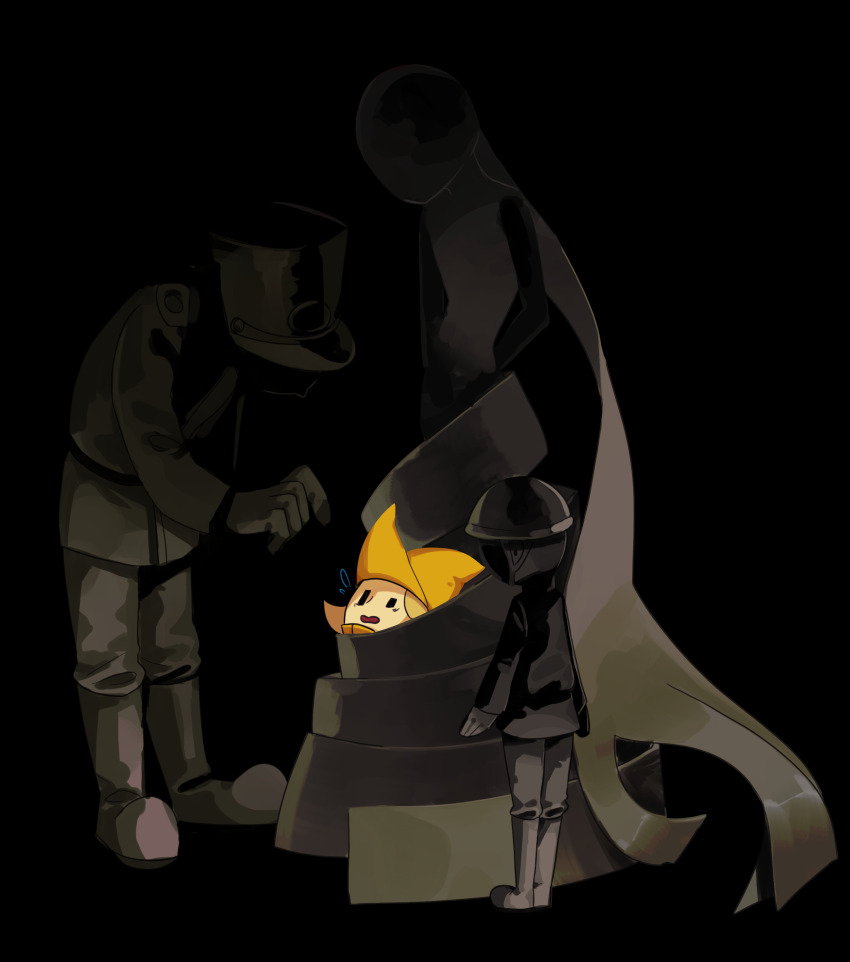 1girl 2boys absurdres belt black_background black_belt black_boots black_coat black_eyes black_gloves black_helmet black_pants blonde_hair boots coat commentary_request dress flying_sweatdrops full_body gloves handaconda hat helmet highres knee_boots leaning_forward long_sleeves mario_(series) medium_hair military_hat military_uniform multiple_boys mumumu57hiro nintendo olivia_(paper_mario) open_mouth outstretched_hand pants paper_mario paper_mario:_the_origami_king personification restrained scared simple_background solid_oval_eyes turtleneck turtleneck_dress wavy_mouth yellow_dress yellow_hat