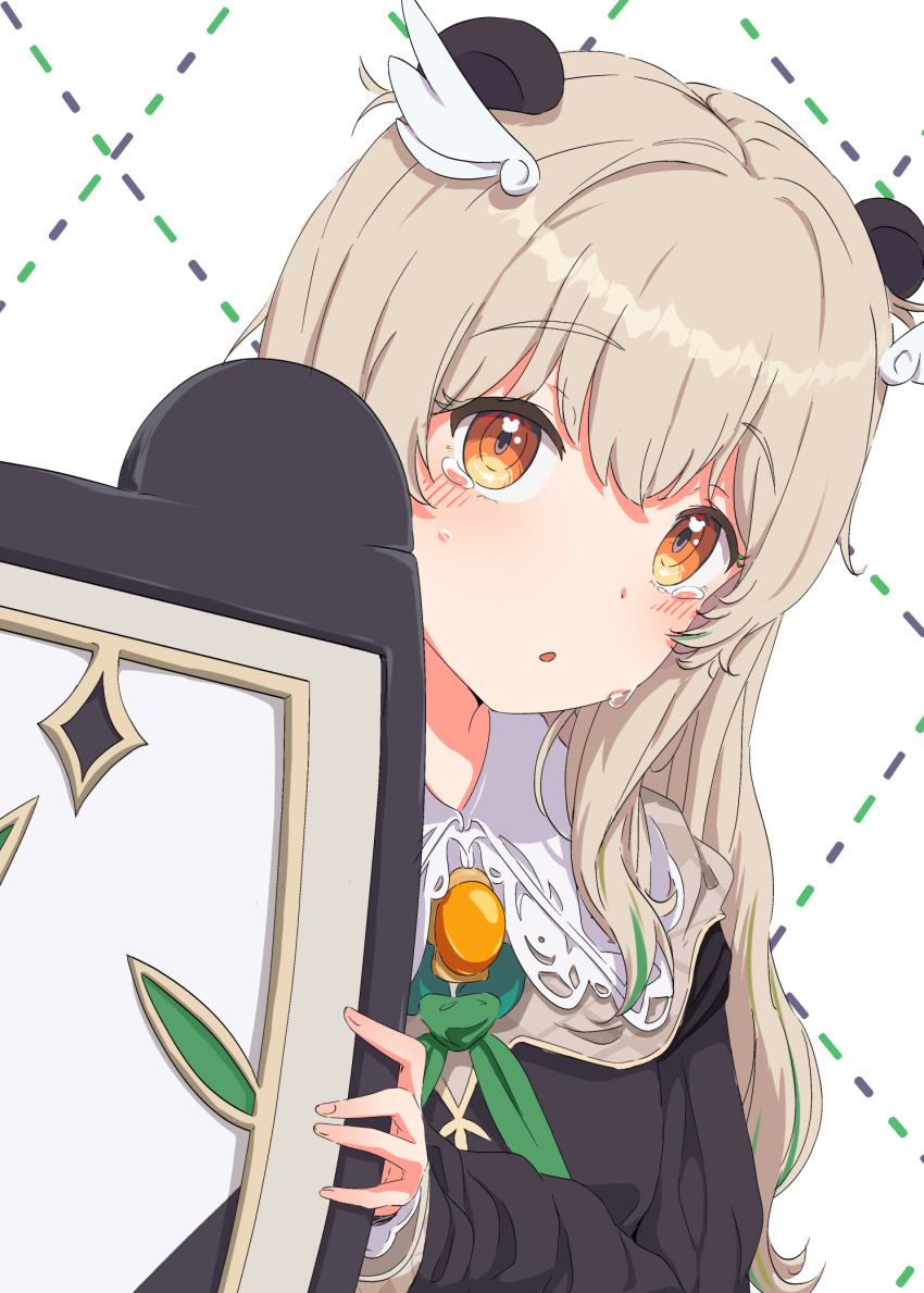 1girl amatsuna_sasaha animal_ears blush breasts brown_eyes commentary_request crying crying_with_eyes_open feather_hair_ornament feathers hair_ornament highres holding indie_virtual_youtuber light_brown_hair looking_at_viewer medium_breasts nokino_shida portrait shield simple_background solo tears virtual_youtuber white_background
