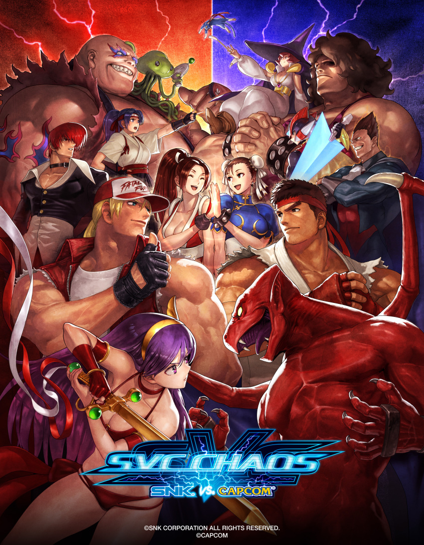 6+boys 6+girls absurdres afro android athena_(series) blank_eyes blonde_hair blue_eyes bracelet breasts capcom chun-li copyright_name crossed_arms crossover dark_skin demitri_maximoff demon demon_wings dougi earthquake_(samurai_spirits) energy_sword fangs fatal_fury fatal_fury_cap final_fight gloves helmet high_five highres holding holding_weapon hugo_andore jewelry large_breasts logo long_hair makaimura mars_people medium_breasts mega_man_(series) mega_man_zero_(series) metal_slug multiple_boys multiple_crossover multiple_girls muscular ogura_eisuke open_mouth princess_athena red_arremer rivalry ryu_(street_fighter) ryuuko_no_ken samurai_spirits shiranui_mai simple_background smile snk snk_vs_capcom_svc_chaos street_fighter studded_bracelet svc_chaos sword tabasa tentacles terry_bogard the_king_of_fighters thumbs_up toudou_kasumi upper_body darkstalkers warzard weapon wings wizard yagami_iori yellow_eyes z_saber zero(z)_(mega_man) zero_(mega_man)