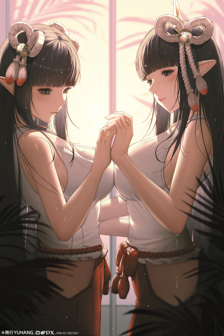 2girls absurdres artist_name bilibili_logo black_hair blunt_bangs blurry blurry_background blush breast_press breasts closed_mouth commentary cowboy_shot from_side hair_ornament hand_grab highres hinoa incest large_breasts long_hair looking_down minoto monster_hunter_(series) monster_hunter_rise multiple_girls pixiv_id pixiv_logo pointy_ears rope shimenawa shirt siblings sidelocks sisters sleeveless sleeveless_shirt sweat symmetrical_docking twins twitter_x_logo watermark weibo_watermark white_shirt yuri yuxing_yuhang