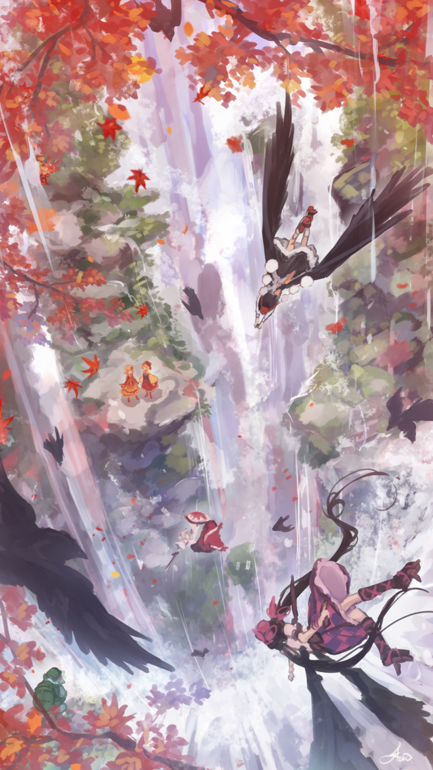 6+girls aki_minoriko aki_shizuha animal_ears autumn backpack bag bare_shoulders bird bird_wings black_hair black_legwear black_skirt black_wings blonde_hair blue_footwear blue_hair blue_shirt blue_skirt boots bow camera cellphone checkered_clothes checkered_skirt collared_shirt commentary_request crow cyasha detached_sleeves dress feathered_wings flat_cap flying frilled_shirt_collar frilled_skirt frills gensokyo geta green_bag green_headwear hair_bobbles hair_ornament hat highres himekaidou_hatate inubashiri_momiji kawashiro_nitori knee_boots leaf leaf_print leaf_hair_ornament leaf_print long_hair long_sleeves maple_leaf medium_hair medium_skirt mob_cap mountain multiple_girls orange_dress orange_headwear outdoors phone pocket pom_pom_(clothes) puffy_short_sleeves puffy_sleeves purple_bow purple_skirt red_footwear red_skirt river rubber_boots shameimaru_aya shield shirt short_hair short_sleeves short_twintails siblings sidelocks sisters skirt skirt_set standing sword tengu tengu-geta thighhighs tokin_hat touhou turtleneck twintails two_side_up valley water waterfall weapon white_hair white_shirt wide_sleeves wings wolf_ears youkai_mountain