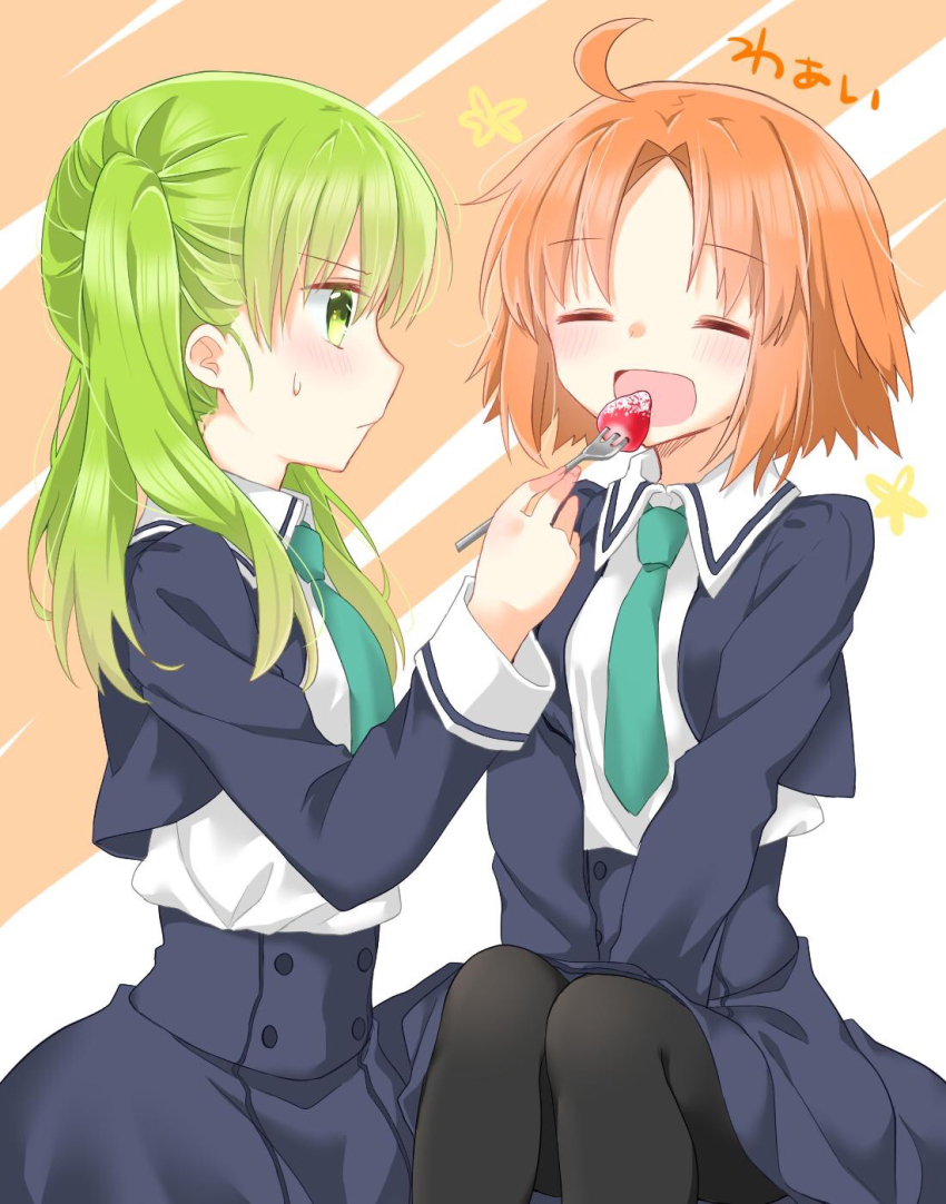 2girls ahoge aqua_necktie blue_jacket blue_skirt blush closed_eyes closed_mouth collared_shirt cropped_jacket feeding food fork fruit green_eyes green_hair hibino_hibiki highres holding holding_fork jacket katsuragi_chikagi looking_at_another mahou_tsukai_no_hako multiple_girls necktie open_clothes open_jacket open_mouth orange_hair pantyhose school_uniform shirt short_hair skirt smile strawberry sweat tanka_kikurage twintails white_shirt
