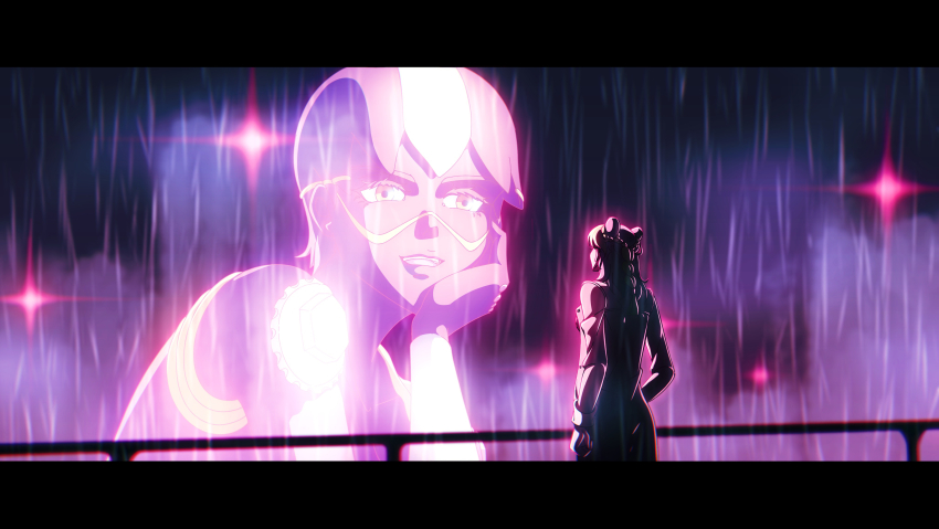 2girls absurdres artist_request blade_runner_(series) blade_runner_2049 braid braided_bun braided_ponytail commentary double_bun english_commentary foo_fighters_(jojo) foo_fighters_(stand) from_behind glowing goslingposting_(meme) hair_bun highres joi jojo_no_kimyou_na_bouken kuujou_jolyne letterboxed long_sleeves multiple_girls notoriou5pirate parted_lips rain size_difference smile spoilers stone_ocean