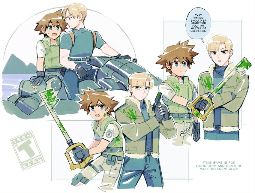 2boys ange_(angeban93) blonde_hair blue_eyes brown_hair curtained_hair english_text fingerless_gloves gloves gun highres holster jacket keyblade kingdom_hearts leon_s._kennedy multiple_boys muscular muscular_male resident_evil resident_evil_4 shirt shoulder_holster sora_(kingdom_hearts) speech_bubble spiked_hair tight_clothes tight_shirt uniform weapon