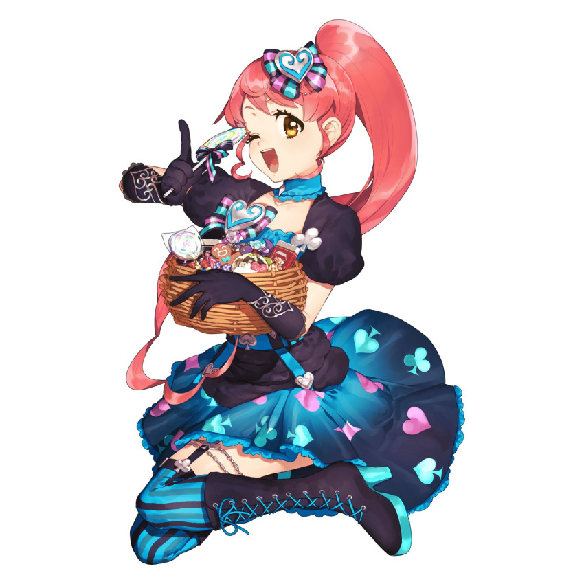 1girl basket black_boots black_gloves blue_dress blue_thighhighs boots candy club_(shape) detached_collar diamond_(shape) dress food full_body gingerbread_man gloves high_heels highres hitoto holding holding_basket holding_candy holding_food holding_lollipop index_finger_raised knee_boots lollipop long_hair looking_at_viewer one_eye_closed open_mouth ponytail pretty_series pripara puffy_short_sleeves puffy_sleeves red_hair shiratama_mikan short_sleeves simple_background smile solo spade_(shape) swirl_lollipop thighhighs very_long_hair white_background yellow_eyes