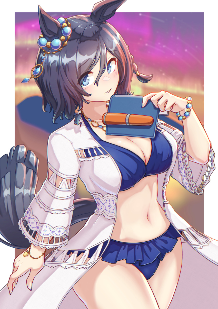 1girl absurdres animal_ears bead_bracelet beads bikini black_hair blue_bikini blue_eyes blurry blurry_background book border bracelet breasts cleavage commentary_request cowboy_shot ear_ornament eishin_flash_(reines_plaetschern)_(umamusume) eishin_flash_(umamusume) flova11 highres holding holding_book horse_ears horse_girl horse_tail jacket jewelry medium_breasts navel necklace official_alternate_costume open_clothes open_jacket outside_border parted_lips short_hair smile solo stomach swimsuit tail umamusume white_border white_jacket