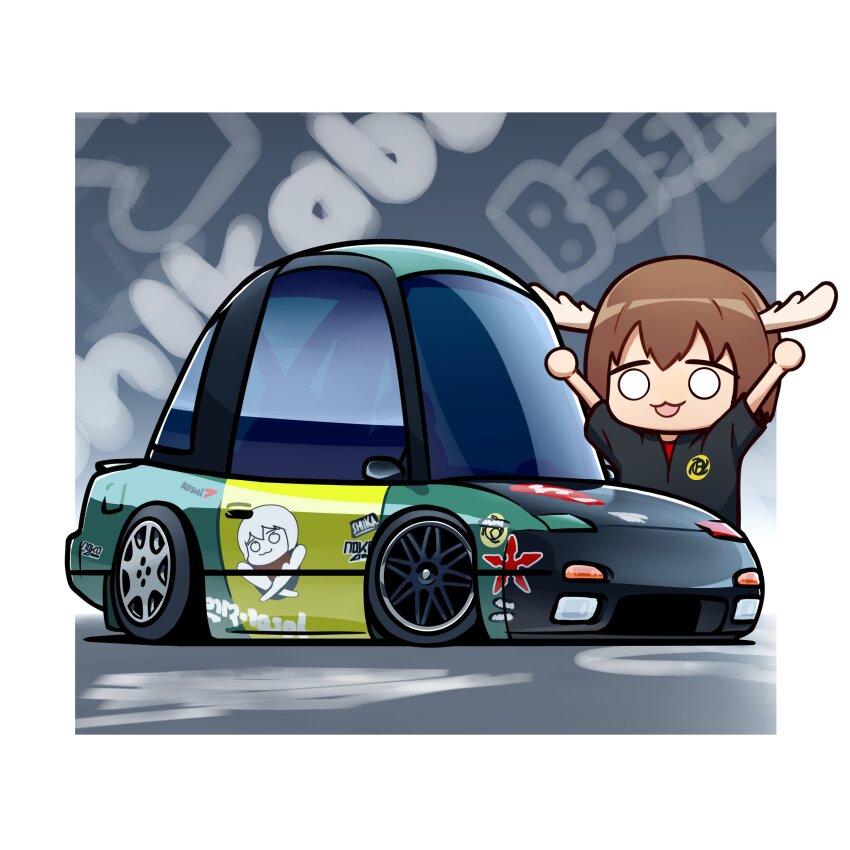 1girl :3 absurdres black_shirt car chibi collared_shirt commentary duz english_commentary green_car highres horns motor_vehicle need_for_speed need_for_speed:_prostreet nissan nissan_180sx open_mouth red_shirt shadow shikanoko_noko shikanoko_nokonoko_koshitantan shirt short_hair smile solo sports_car vehicle_focus white_eyes