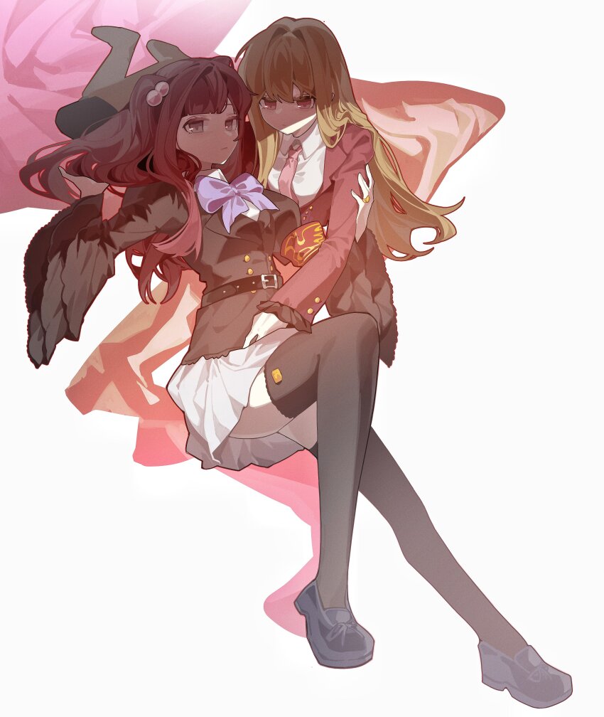 2girls absurdres armband black_footwear black_jacket black_thighhighs boots bow bowtie breasts brown_footwear brown_hair closed_mouth collared_shirt expressionless full_body grey_eyes hand_on_another&#039;s_arm hand_up haobuguniao highres jacket large_breasts loafers long_hair long_sleeves looking_at_viewer lying mammon_(umineko) multiple_girls necktie on_back on_stomach pleated_skirt purple_bow purple_bowtie red_armband red_eyes red_hair red_jacket red_necktie shadow shirt shoes simple_background skirt straight_hair thighhighs two_side_up umineko_no_naku_koro_ni ushiromiya_ange white_background white_shirt white_skirt wide_sleeves wing_print