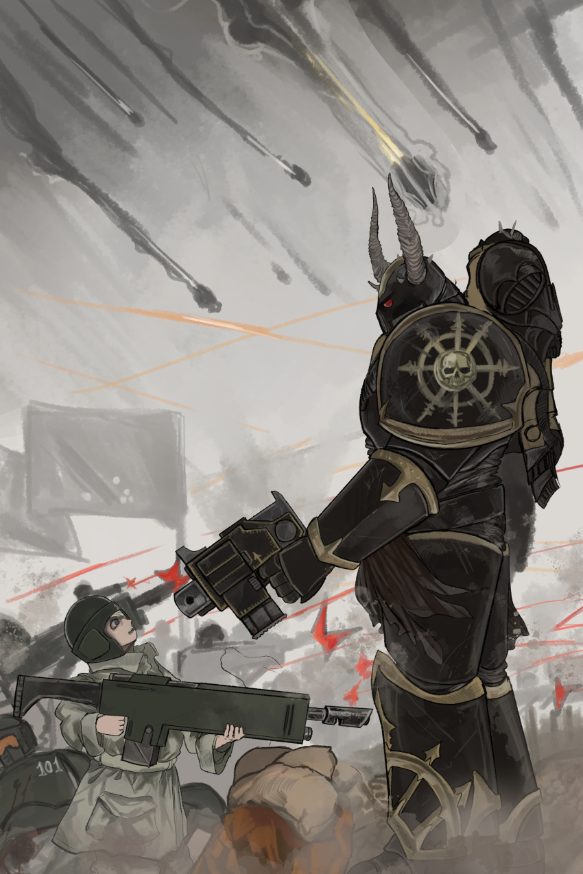 3boys absurdres adeptus_astartes armor astra_militarum backpack bag battle body_armor bolt_pistol chaos_space_marine child combat_helmet eight-pointed_star fake_horns flag gauntlets glaring gun helmet highres holding holding_gun holding_weapon horned_headwear horns imminent_death kkghost_tv lasgun leg_armor looking_at_another looking_down looking_up multiple_boys pauldrons power_armor shoulder_armor warhammer_40k weapon