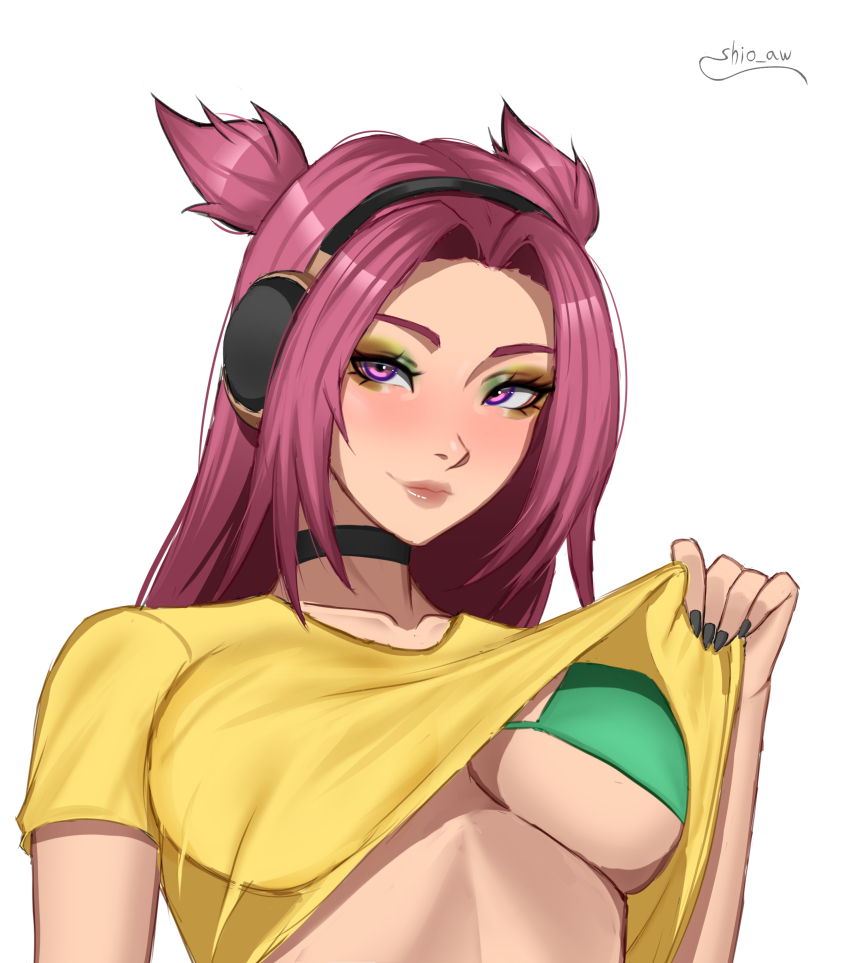 1girl absurdres alune_(league_of_legends) bikini black_choker black_nails breasts choker closed_mouth clothes_lift eyeshadow green_bikini headphones heartsteel_(league_of_legends) heartsteel_alune highres league_of_legends long_hair looking_at_viewer makeup medium_breasts multicolored_eyeshadow official_alternate_costume pink_eyes red_hair shio_aw shirt shirt_lift signature smile solo swimsuit