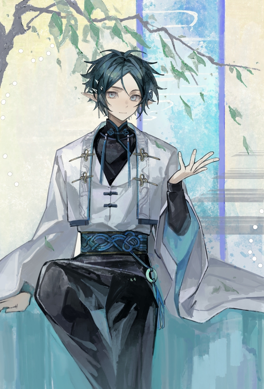 1boy absurdres arknights black_hair black_pants black_sash black_shirt blue_eyes blue_sash branch chinese_commentary closed_mouth commentary_request earrings feet_out_of_frame fingernails grey_jacket grey_vest hand_up highres jacket jewelry layered_sleeves leaf long_sleeves male_focus pants parted_bangs pointy_ears sash shirt short_hair sitting solo vest wide_sleeves yezhi_dun_luobei zuo_le_(arknights)