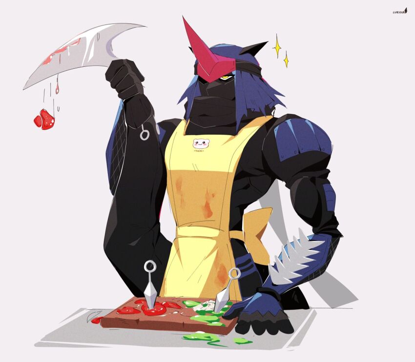 1boy apron armor digimon fumamon highres horns male_focus ninja solo yukimibotamon