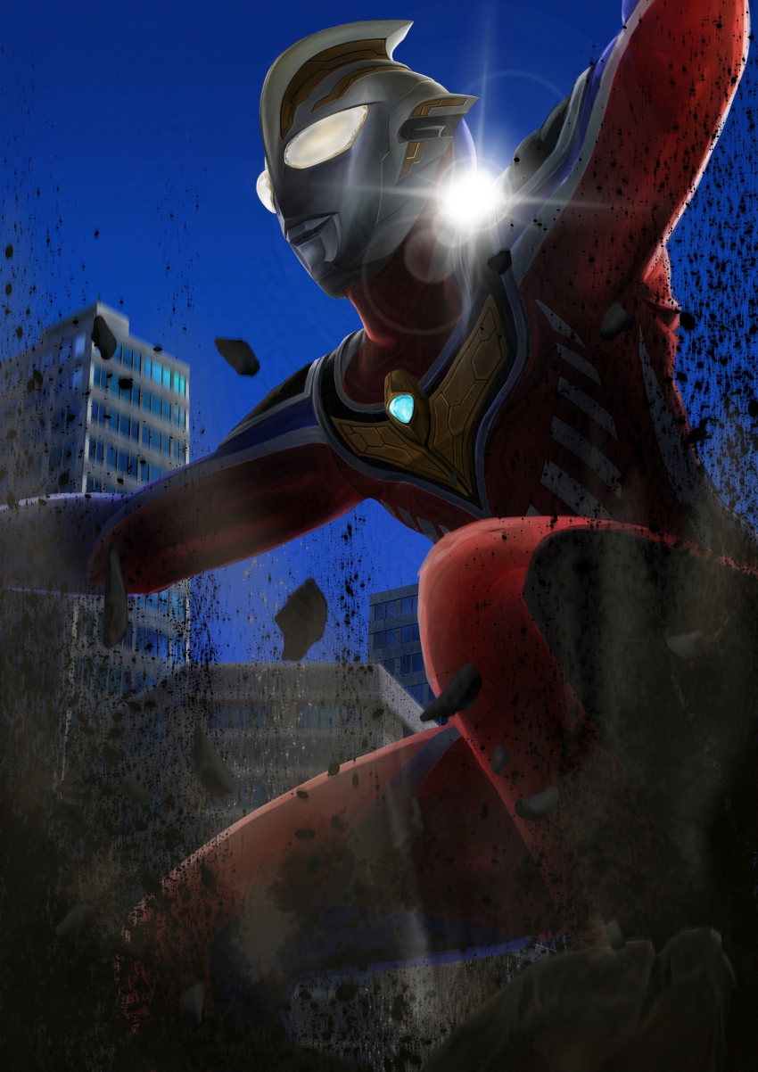 1boy absurdres alien armor arms_up blue_skin breastplate building city cityscape color_timer colored_skin commentary compound_eyes debris dorsal_fin dust_cloud feet_out_of_frame gattyo giant glowing glowing_eyes highres lens_flare looking_ahead male_focus multicolored_skin muscular muscular_male night outdoors outstretched_arms pectorals red_skin rubble shoulder_armor silver_trim sky skyscraper solo spread_arms squatting tokusatsu ultra_series ultraman_gaia ultraman_gaia_(series) ultraman_gaia_(super_supreme_version) white_eyes wrinkled_skin