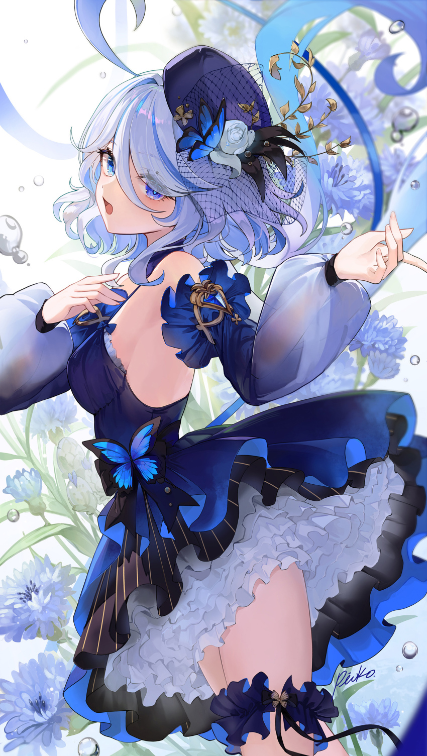 1girl absurdres alternate_costume artist_name blue_butterfly blue_dress blue_eyes blue_hair blue_hat blue_sleeves breasts bug butterfly detached_sleeves dress floral_background furina_(genshin_impact) genshin_impact hat heterochromia highres insect light_blue_hair long_hair long_sleeves medium_breasts open_mouth pioko puffy_long_sleeves puffy_sleeves sleeveless sleeveless_dress solo thigh_scrunchie wavy_hair white_background