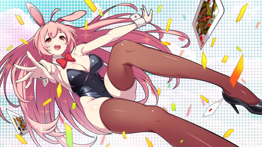 1girl :d absurdres ace_(playing_card) ace_of_diamonds animal_ears black_footwear black_leotard bow bowtie breasts card cleavage detached_collar diamond_(shape) fake_animal_ears green322 high_heels highres king_(playing_card) king_of_clubs large_breasts leotard long_hair open_mouth original pink_eyes pink_hair playboy_bunny playing_card queen_(playing_card) queen_of_hearts_(playing_card) rabbit_ears red_bow red_bowtie smile solo strapless strapless_leotard thighhighs wrist_cuffs