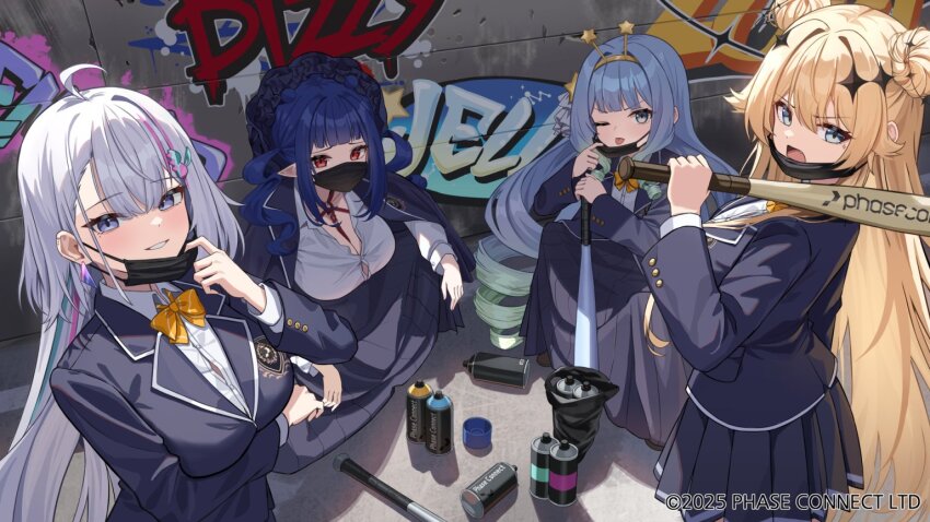 4girls ;p ahoge baseball_bat black_jacket black_mask black_skirt blazer blonde_hair blue_hair bow bowtie collared_shirt copyright_notice delinquent dizzy_dokuro double_bun drill_hair ember_amane gradient_hair graffiti green_hair grey_hair hair_bun hair_ornament hairband holding holding_baseball_bat jacket jelly_hoshiumi kaneko_lumi long_hair mask mask_pull mouth_mask multicolored_hair multiple_girls official_art one_eye_closed over_shoulder phase_connect pink_hair pleated_skirt pointy_ears rahy school_uniform shibari shirt skirt spray_can star_(symbol) tongue tongue_out weapon weapon_over_shoulder white_shirt yellow_bow yellow_bowtie yellow_hairband