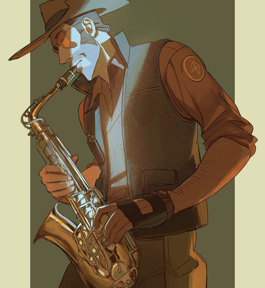 1boy absurdres black_gloves brown_vest citrus0lemon closed_eyes collared_vest commentary english_commentary fingerless_gloves gloves hat highres holding holding_instrument holding_saxophone instrument male_focus music orange-tinted_eyewear playing_instrument red_sniper_(tf2) saxophone sniper_(tf2) solo sunglasses team_fortress_2 tinted_eyewear vest watch wristwatch