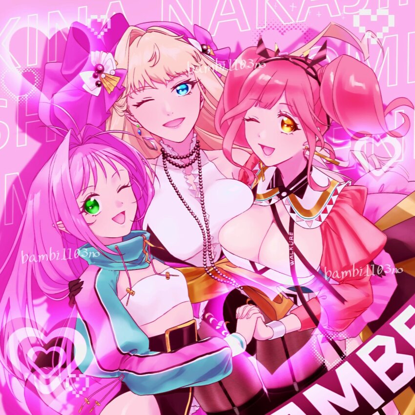 anno_(bambi1103no) blonde_hair blue_eyes blue_hair breasts cleavage dress earrings green_eyes green_hair highres holding holding_hands jewelry large_breasts long_hair long_sleeves looking_at_viewer macross macross_7 macross_delta macross_frontier makina_nakajima multiple_girls mylene_jenius official_alternate_costume one_eye_closed open_mouth pink_hair pointy_ears sheryl_nome shirt sleeveless smile twintails uta_macross_sumaho_deculture very_long_hair
