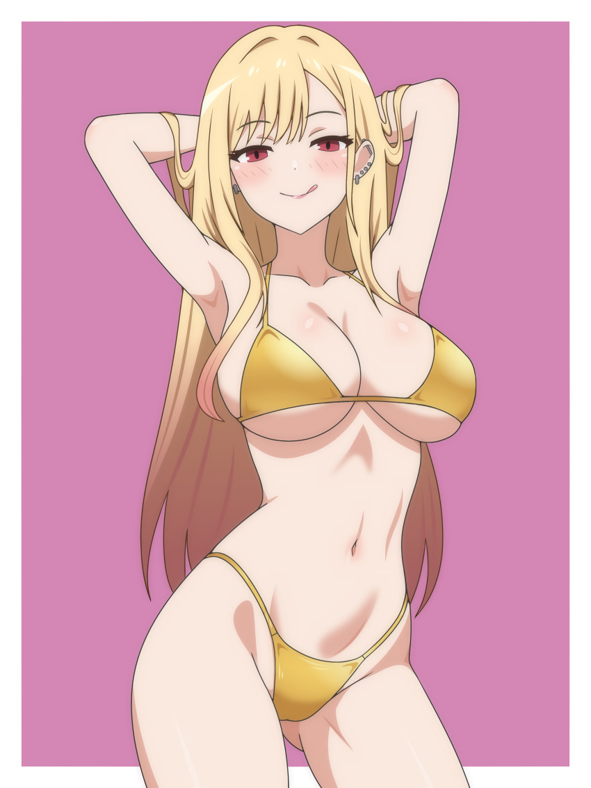 1girl absurdres armpits arms_behind_head bikini blonde_hair blush border breasts commentary cowboy_shot dani_(angrymatthew) ear_piercing english_commentary gold_bikini gyaru highres kitagawa_marin large_breasts licking_lips long_hair looking_at_viewer navel piercing purple_background red_eyes seductive_gaze seductive_smile simple_background smile solo sono_bisque_doll_wa_koi_wo_suru stomach swimsuit thighs tongue tongue_out very_long_hair white_border