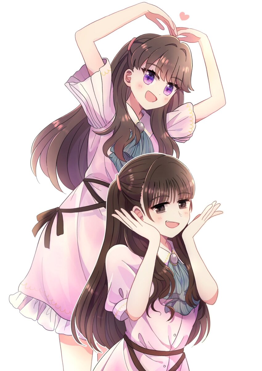 2girls 4th_live_dream_~bloom_the_dream_believers~ :d animification ascot blush brown_eyes brown_hair character_name commentary_request dream_believers dress fang flower_stand_art frilled_ascot frilled_dress frills fujishima_megumi grey_ascot hair_intakes hands_on_own_cheeks hands_on_own_face heart_arms height_chart highres link!_like!_love_live! long_hair love_live! medium_dress multiple_girls open_mouth outline pink_dress purple_eyes real_life second-party_source short_sleeves smile tsukine_kona two_side_up virtual_youtuber voice_actor voice_actor_connection watage_modoki white_outline