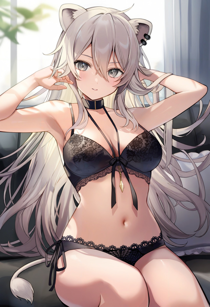 1girl animal_ears aria_(ariacue) armpits arms_up bare_arms bare_shoulders black_bra black_choker black_panties bow bow_bra bra breasts choker cleavage commentary couch cowlick grey_eyes grey_hair highres hololive indoors lace lace-trimmed_bra lace-trimmed_panties lace_trim large_breasts lion_ears lion_girl lion_tail long_hair looking_at_viewer navel on_couch panties parted_lips pillow shishiro_botan side-tie_panties sitting solo stomach string_bra tail underwear underwear_only very_long_hair virtual_youtuber
