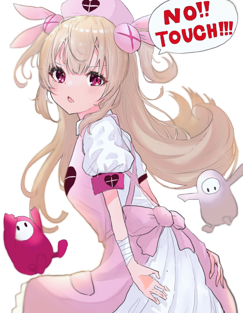 1girl 2others \||/ absurdres apron back_bow bandaged_arm bandages blush bow breasts collared_shirt commentary cowboy_shot double-parted_bangs dress fall_guy fall_guys falling fang floating_hair from_behind hair_ornament hair_ribbon haruharu_sensei hat heart highres light_brown_hair long_hair looking_at_viewer looking_back multiple_others natori_sana natori_sana_(nurse) nurse nurse_cap open_mouth pink_apron pink_bow pink_hat pink_ribbon puffy_short_sleeves puffy_sleeves red_eyes ribbon sana_channel shirt short_sleeves sideways_glance simple_background skin_fang small_breasts speech_bubble thick_eyelashes turning_head two_side_up v-shaped_eyebrows very_long_hair virtual_youtuber white_background white_dress