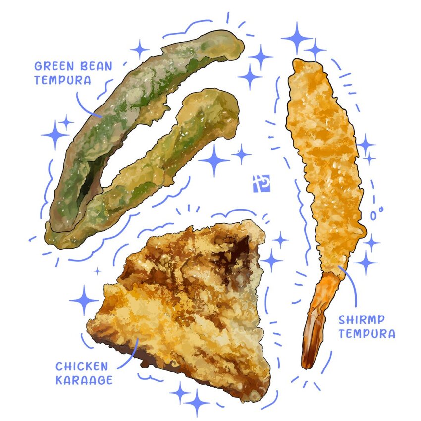 artist_logo chicken_(food) commentary english_commentary english_text food food_focus food_name fried_chicken green_bean logo meat no_humans original shrimp shrimp_tempura simple_background sparkle still_life studiolg tempura vegetable vegetable_tempura white_background