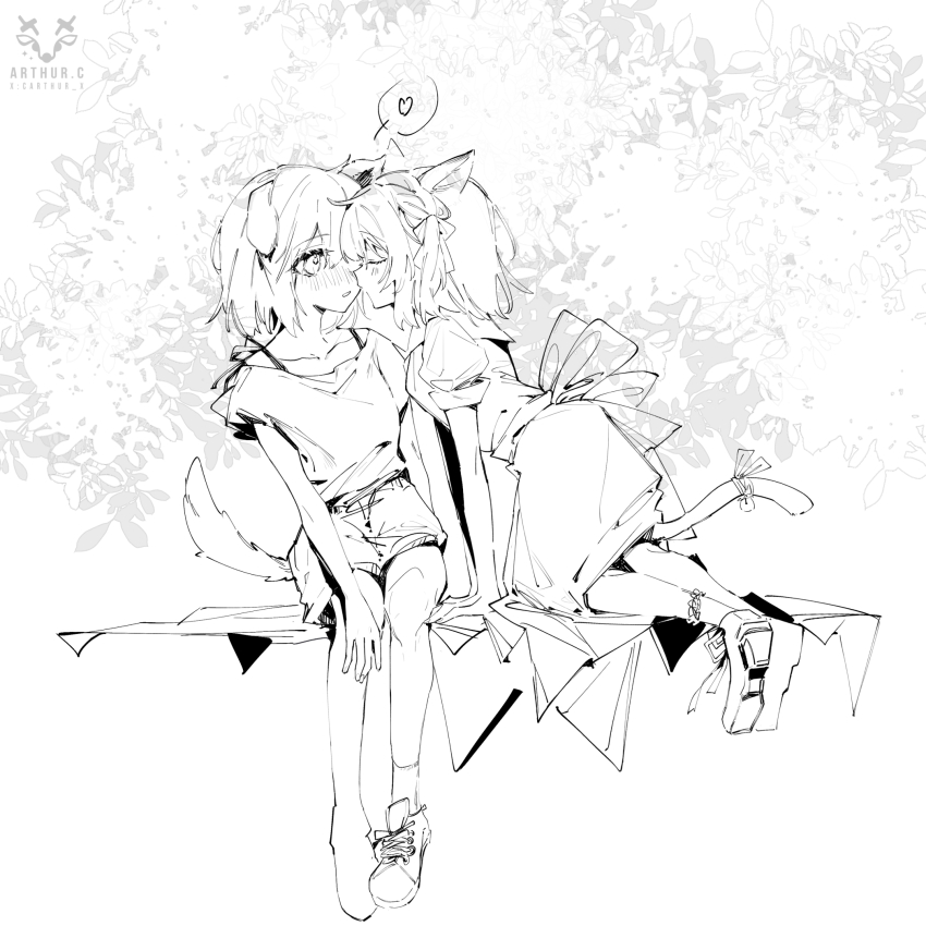 2girls animal_ears arthur_c bang_dream! bang_dream!_it&#039;s_mygo!!!!! cat_ears cat_girl cat_tail chinese_commentary commentary_request dog_ears dog_girl dog_tail dress greyscale heart highres kemonomimi_mode misumi_uika monochrome multiple_girls short_hair short_sleeves shorts sitting spoken_heart tail togawa_sakiko yuri