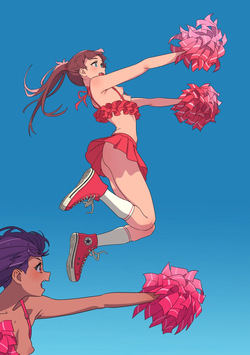 2girls absurdres ass blue_background blue_eyes blush breasts brown_hair fang highres jumping mebae multiple_girls nipples open_mouth original perky_breasts pom_pom_(cheerleading) ponytail puffy_nipples purple_hair red_frills red_skirt shoes simple_background skirt small_breasts sneakers socks topless_female white_socks