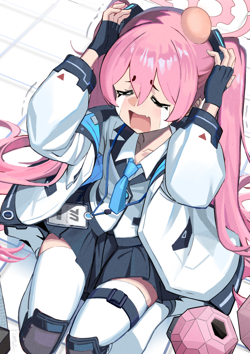 1girl absurdres belt black_gloves black_skirt blazer blue_archive blue_necktie closed_eyes coat collarbone collared_shirt commentary crying fingerless_gloves franz2543 from_above gloves hair_between_eyes hair_ornament halo head_bump highres id_card jacket knee_pads koyuki_(blue_archive) lanyard long_hair long_sleeves looking_at_viewer necktie open_clothes open_coat open_mouth pink_hair pleated_skirt school_uniform shirt sidelocks sitting skirt solo streaming_tears tears thigh_belt thigh_strap thighhighs trembling twintails wariza white_coat white_shirt white_thighhighs zettai_ryouiki