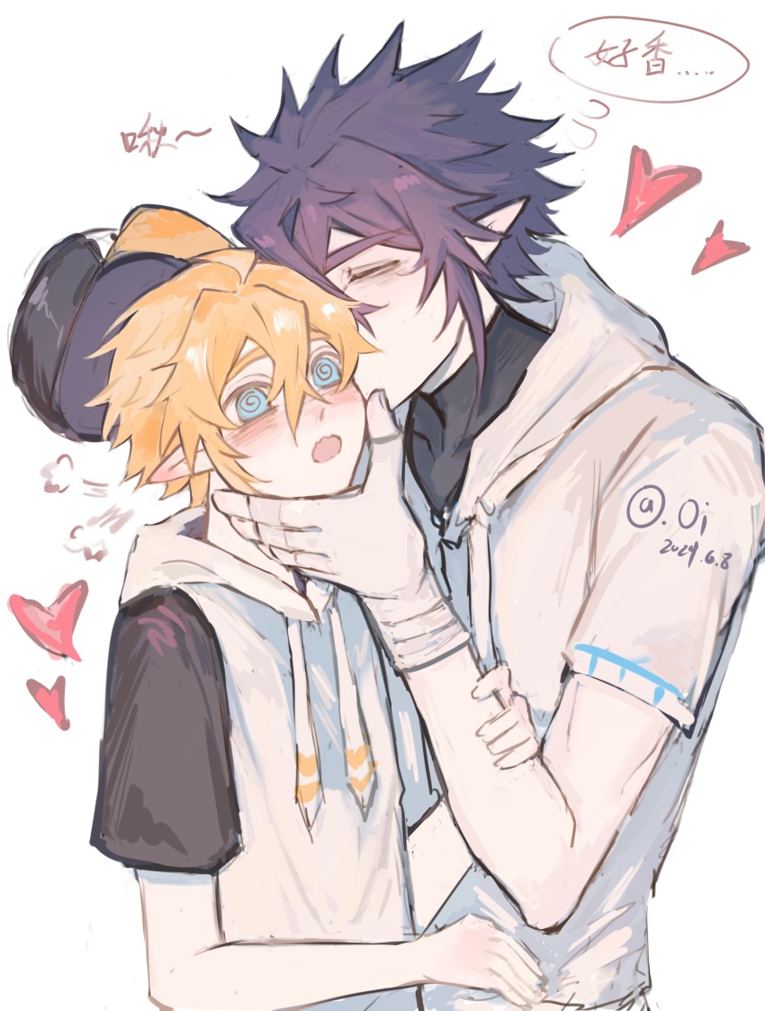 2boys @_@ absurdres aotu_world artist_name baseball_cap black_hair blonde_hair blue_eyes blush chinese_text closed_eyes gloves hair_between_eyes hat heart highres hood hoodie king_(aotu_world) kiss male_focus multiple_boys open_mouth plutoray pointy_ears ray_(aotu_world) shirt short_hair short_sleeves simple_background speech_bubble thought_bubble unworn_headwear white_background white_gloves white_hoodie yaoi