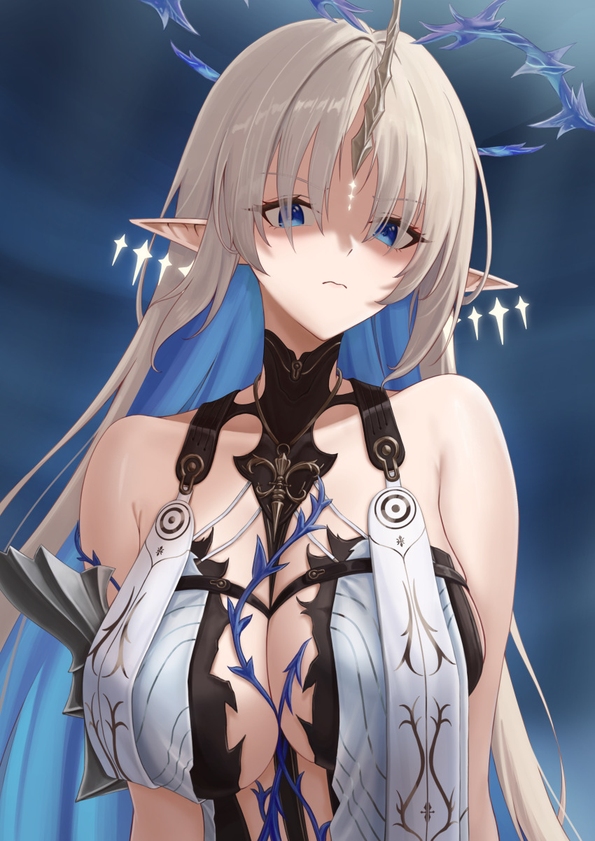 1girl absurdres armpit_crease bare_shoulders black_collar blonde_hair blue_eyes blue_hair breasts closed_mouth collar colored_inner_hair commentary commonalty crown_of_thorns earrings fleurdelys_(wuthering_waves) floating_earrings highres horns huge_breasts jewelry long_hair looking_at_viewer multicolored_hair necklace parted_bangs partially_shaded_face pointy_ears single_horn solo tacet_mark_(wuthering_waves) upper_body variant_set very_long_hair wuthering_waves yellow_horns