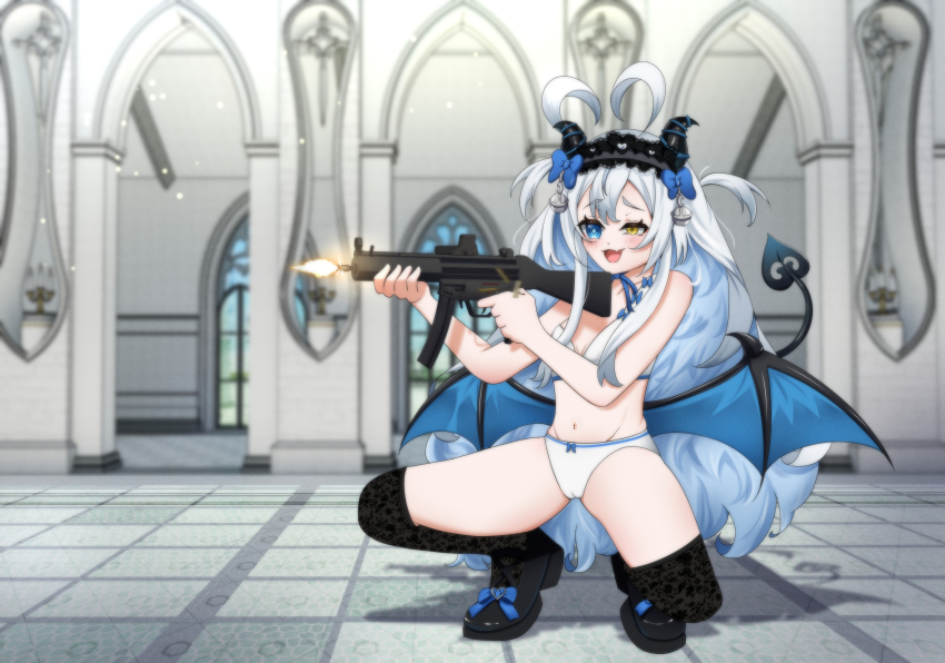 1girl absurdres aiming akugaki_koa belly blue_eyes blush bow bra commission crotch_seam crouching demon_girl demon_horns demon_tail demon_wings firing gun gunslinger_girl heterochromia highres horns chromashift indoors long_hair muzzle_flash navel open_mouth panties parody ribbon shadow shironomi shoes stone_floor submachine_gun tail underwear very_long_hair virtual_youtuber weapon white_bra white_hair white_panties window wings yellow_eyes