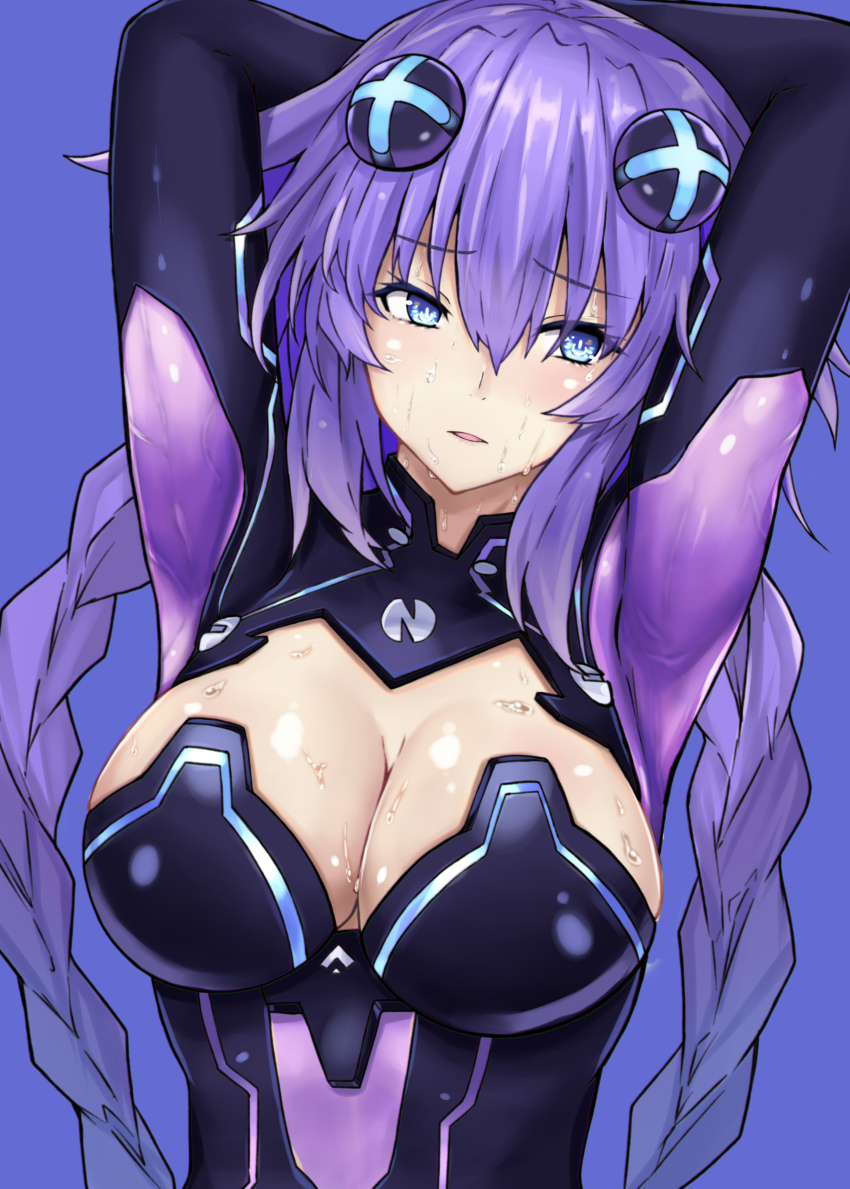 1girl arms_behind_head arms_up bad_tag big_breasts blue_eyes bodysuit braid breasts cleavage curvy female_focus neptune_(neptunia) neptune_(series) nyamota parted_lips purple_hair purple_heart_(neptunia) solo source_request sweat tongue twin_braids