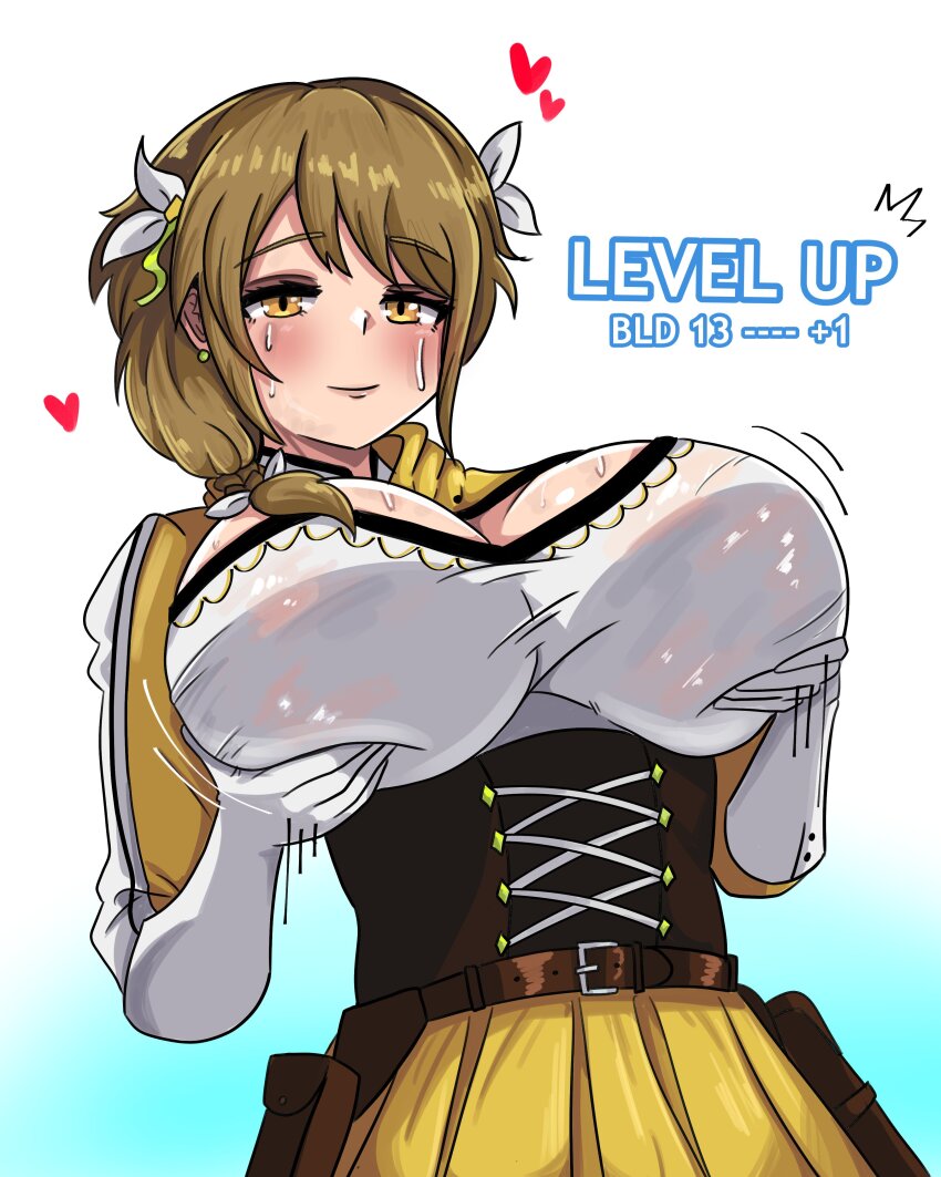 1girl absurdres black_corset breasts corset fire_emblem fire_emblem_engage goldmary_(fire_emblem) graysideart highres hooded_top large_breasts level_up looking_at_viewer low_ponytail nintendo ponytail ribbon skirt solo white_ribbon yellow_skirt