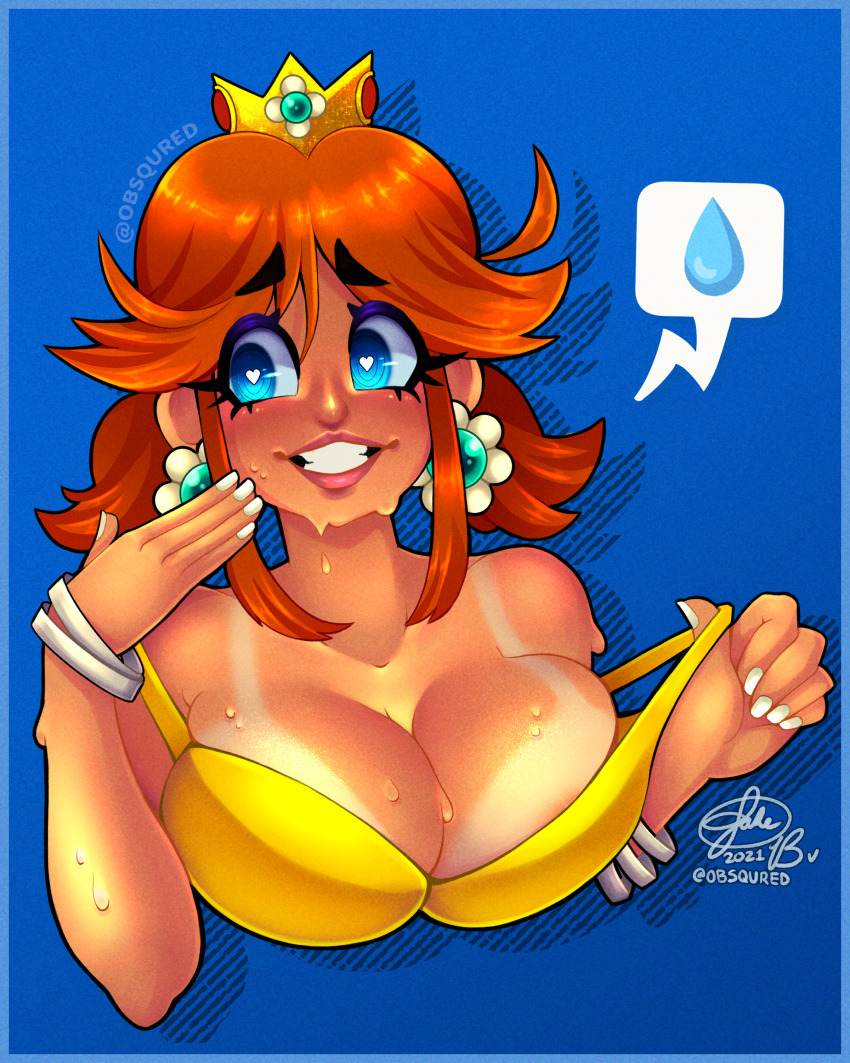 1girl absurdres ahegao awkward blue_background blue_eyes bracelet breasts brown_hair cleavage crown daisy_(flower) dripping earrings embarrassed eyelashes fanning_self fingernails flower glance heart heart-shaped_pupils highres hot jewelry large_breasts lips looking_away mario mario_(series) nail_polish nintendo obsqured princess_daisy shadow signature simple_background smile solo speech_bubble strap_pull super_mario_land sweat sweatdrop symbol-shaped_pupils tan tanline teeth tomboy white_nails