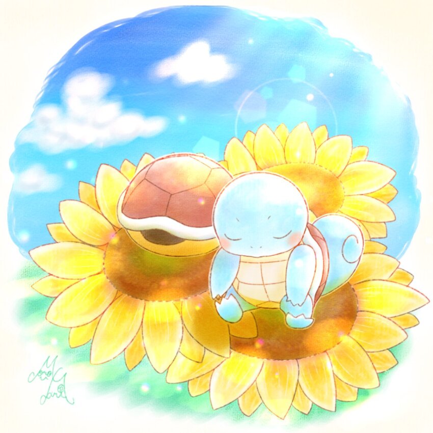 2others blue_sky blush_stickers border closed_eyes cloud cloudy_sky fading_border flower gen_1_pokemon highres moromari_illust multiple_others nintendo on_flower pokemon pokemon_(creature) signature sitting sky sleeping sleeping_upright squirtle sunflower sunlight tagme twitter_username white_border