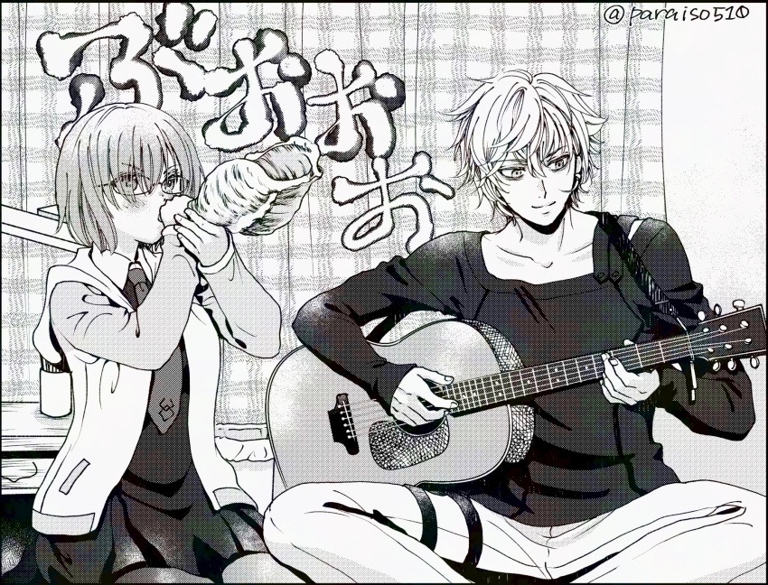 1boy 1girl conch fate/grand_order fate_(series) glasses greyscale guitar_strap hair_over_one_eye highres hood hooded_jacket instrument jacket kadoc_zemlupus mash_kyrielight monochrome music necktie paraiso playing_guitar playing_instrument sitting smile twitter_username