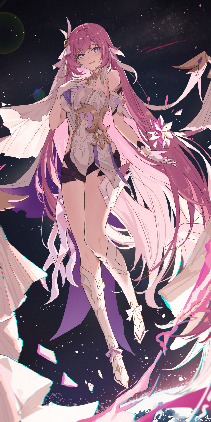 1girl absurdres bare_shoulders black_shorts breasts cleavage cowboy_shot crystal diamond-shaped_pupils diamond_(shape) elf elysia_(herrscher_of_human:_ego)_(honkai_impact) elysia_(honkai_impact) eyelashes floating_hair full_body gloves hair_ornament hair_spread_out hand_up highres honkai_(series) honkai_impact_3rd large_breasts long_hair looking_at_viewer medium_breasts micro_shorts multicolored_hair open_mouth parted_lips pink_eyes pink_hair pointy_ears shards shorts sideless_outfit sidelocks smile solo standing streaked_hair swept_bangs symbol-shaped_pupils teeth thigh_gap two-tone_hair very_long_hair white_gloves white_hair yajuu