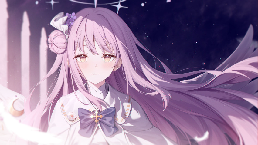 1girl absurdres blue_archive blue_bow blurry blurry_background bow brown_eyes capelet closed_mouth commentary crescent depth_of_field dress feathered_wings floating_hair flower hair_bun hair_flower hair_ornament halo highres long_hair looking_at_viewer mika_(blue_archive) pink_hair purple_flower roi_(liu_tian) single_side_bun smile solo upper_body white_capelet white_dress white_wings wings
