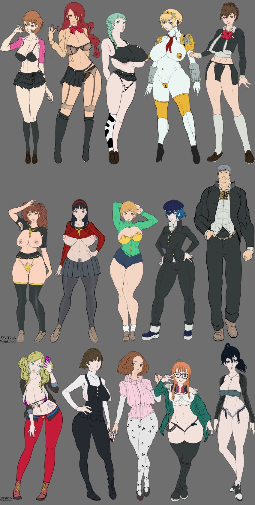 1boy 6+girls absurdres aigis_(persona) amagi_yukiko animal_print armpit_hair artificial_vagina ass atlus bigger_male blonde_hair blue_eyes boots breasts brown_eyes brown_hair casual cellphone cognitive_ann completely_nude concept_art extreme_crop_top flat_color full_body genderswap glasses gyaru hairy highres huge_ass huge_breasts huge_nipples impossible_clothes kirijou_mitsuru kiss kujikawa_rise large_areolae large_breasts leopard_print lineup long_hair medium_breasts mitsuru_kirijo multiple_girls muscular muscular_male narukami_yu navel niijima_makoto non-web_source nude okumura_haru orange_hair pale_skin pantyhose persona persona_3 persona_3_reload persona_4 persona_5 phone pubic_hair red_eyes reference_sheet robot robot_girl sakura_futaba satonaka_chie sex_toy shiomi_kotone shirogane_naoto short_shorts shorts sketch smile tagme takamaki_anne takeba_yukari taking_picture thick_lips thick_thighs thighs twintails v wankofool yamagishi_fuuka