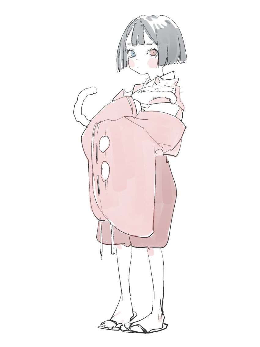 1girl animal biwa_(heike_monogatari) black_hair blue_eyes blunt_bangs blunt_ends blush_stickers cat closed_mouth clothing_cutout dot_mouth full_body furisode_sleeves heike_monogatari heterochromia highres holding holding_animal holding_cat japanese_clothes kataginu looking_at_viewer needbee_r red_eyes red_shorts sandals short_hair shorts shoulder_cutout simple_background solo standing white_background wide_sleeves zouri