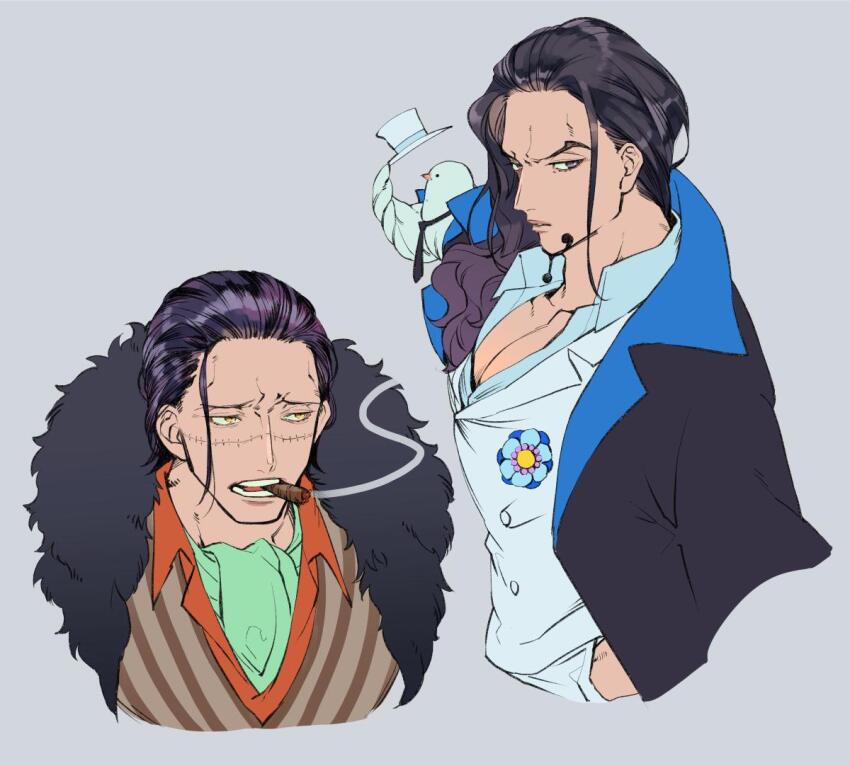 2boys ascot bad_id bad_twitter_id bird buttons cigar coat commentary commentary_request crocodile_(one_piece) facial_hair fish_(m8snknk) green_ascot hair_slicked_back hat hattori_(one_piece) jacket long_hair looking_at_viewer looking_to_the_side multiple_boys necktie one_piece rob_lucci scar scar_on_face shirt simple_background smoke upper_body