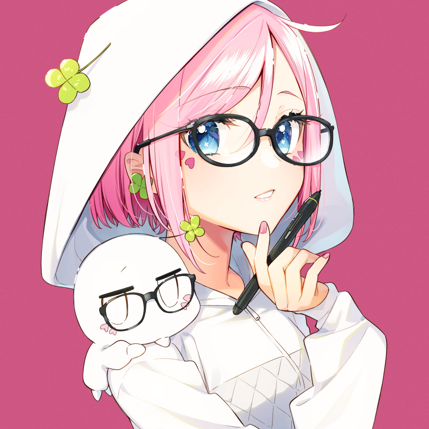 1girl black-framed_eyewear blue_eyes bob_cut clover_earrings clover_ornament facial_mark fingernails glasses heart heart_facial_mark highres holding holding_pencil hood hoodie lips long_sleeves looking_at_viewer nail_polish original parted_lips pencil pink_background pink_hair pink_nails portrait sakuragi_ren simple_background sleeves_past_wrists white_hood white_hoodie