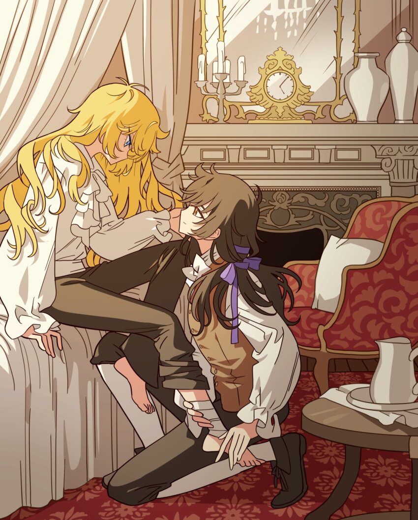 1boy 1girl andre_grandier bandaged_leg bandages barefoot blonde_hair blue_eyes brown_eyes brown_hair brown_pants brown_vest eye_contact hair_ribbon hand_on_another&#039;s_cheek hand_on_another&#039;s_face highres indoors long_hair long_sleeves looking_at_another meremero on_one_knee oscar_francois_de_jarjayes pants purple_ribbon ribbon shirt sitting socks straight_hair versailles_no_bara very_long_hair vest white_shirt white_socks