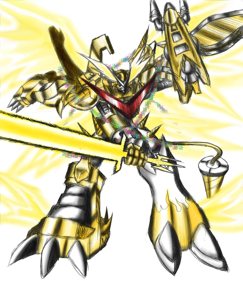 armor digimon digimon_(creature) drill energy_sword fusion highres shoutmon_x7 shoutmon_x7_superior_mode simple_background solo sword tail weapon white_background